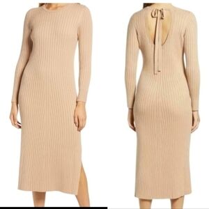 WAYF Sweater Knit Dress Ribbed taupe oatmeal midi dress open back NWOT Sz XL